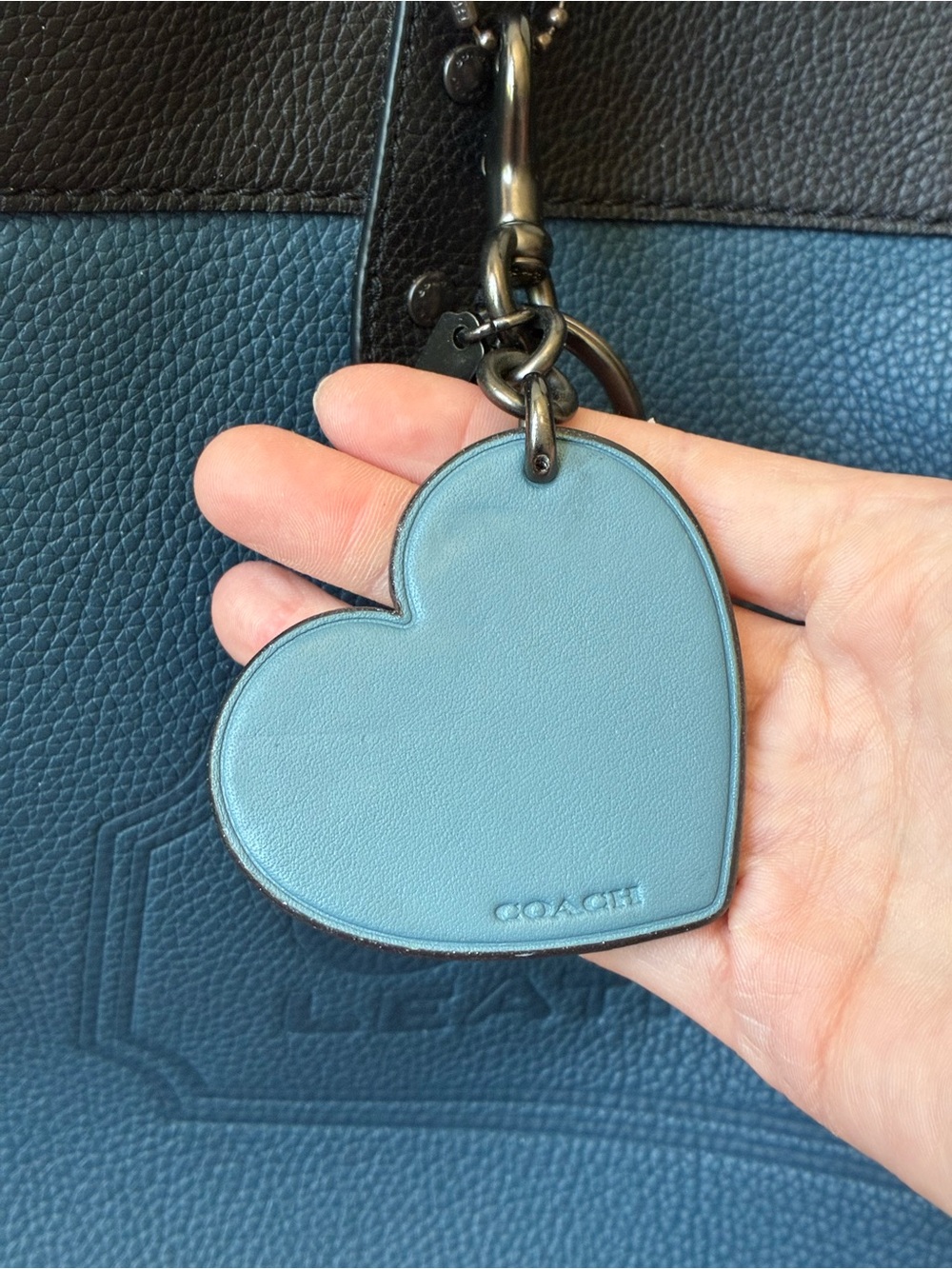 Coach Embroidered Glitter Heart Bag Charm Key Chain With Rivets, Blue / Gunmetal - Picture 2 of 16